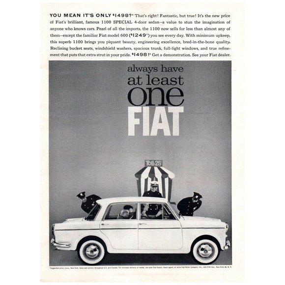 1962 Fiat 1100 Sedan Classic Car Vintage Print Ad Toll Booth Police White 4 Door - Picture 1 of 1